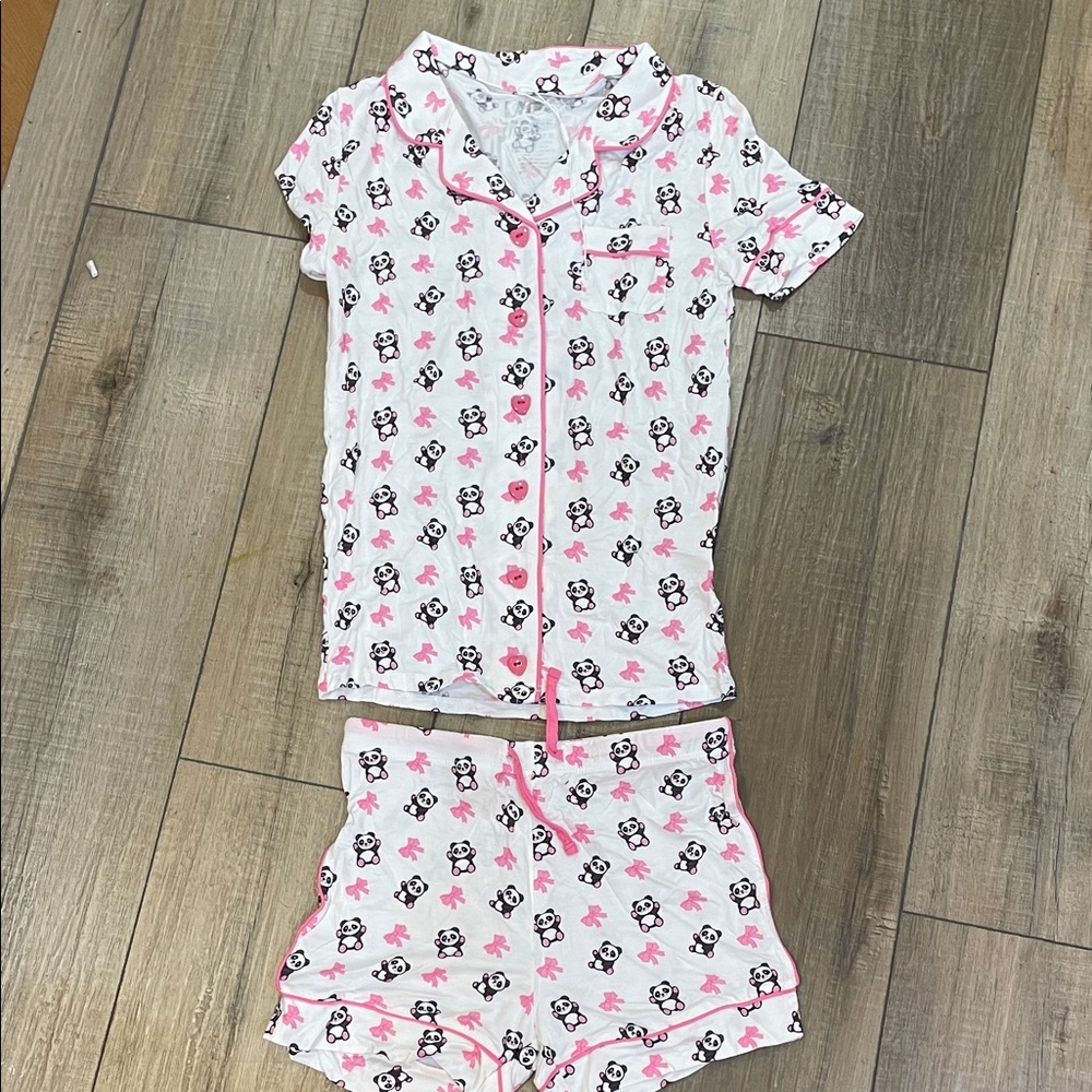 Katie J NYC Panda Print Pajama Set - Pink and White